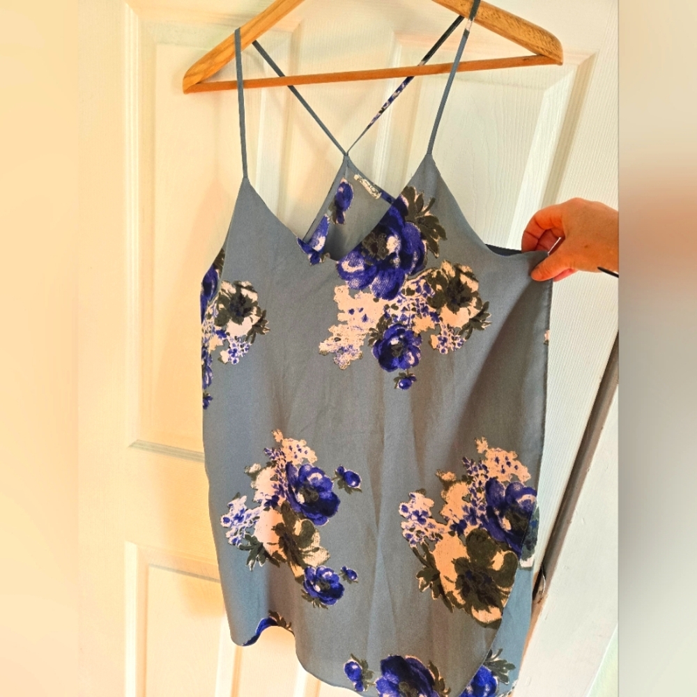 Intimately Free People slate blue spaghetti strap shift dress, floral sz M